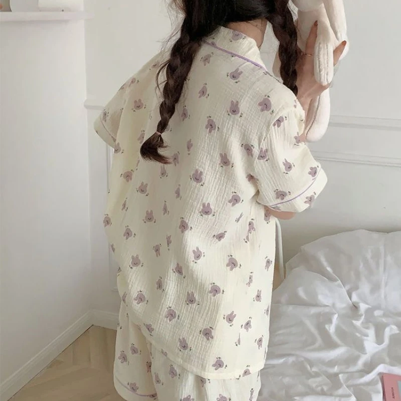 Summer Women\'s Short-sleeved Shorts Pajama Suit Lapel Cotton Shirt Cute Bunny Print Can Be Worn Outside 2024 Hot Sale