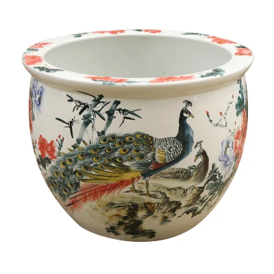 

Antique Chinese hand-painted peacock pattern large size outdoor ceramic flower pot