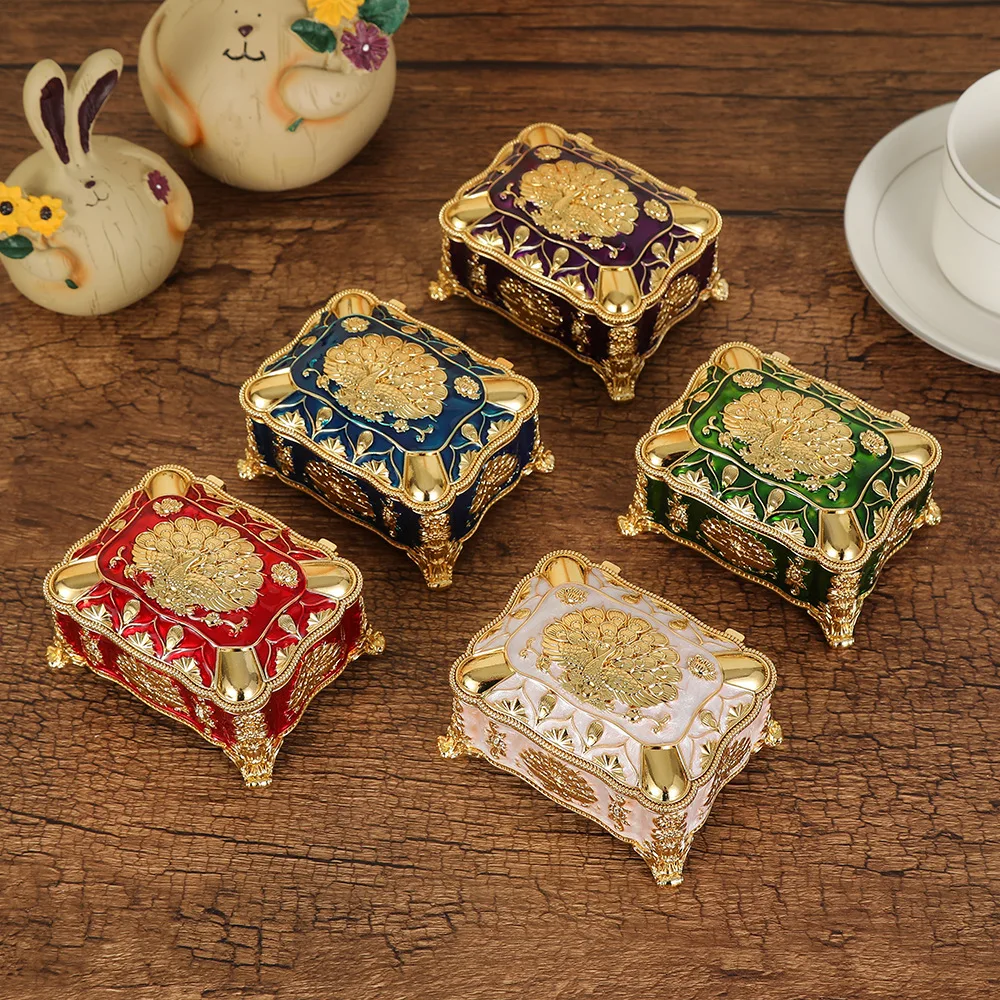 Vintage Metal Jewelry Box with Peacock Pattern Trinket Organizer Box Rectangular Keepsake Storage Box for Ring Earrings Necklace