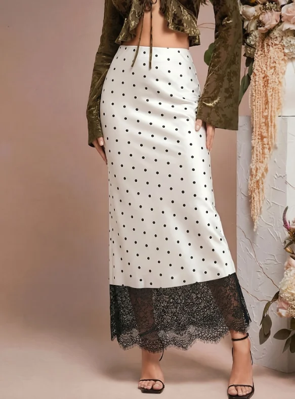 Skirt for Women 2026 Spring Summer New Fashion Polka Dot Print High Waist Lace Patchwork Satin Casual Midi Skirt