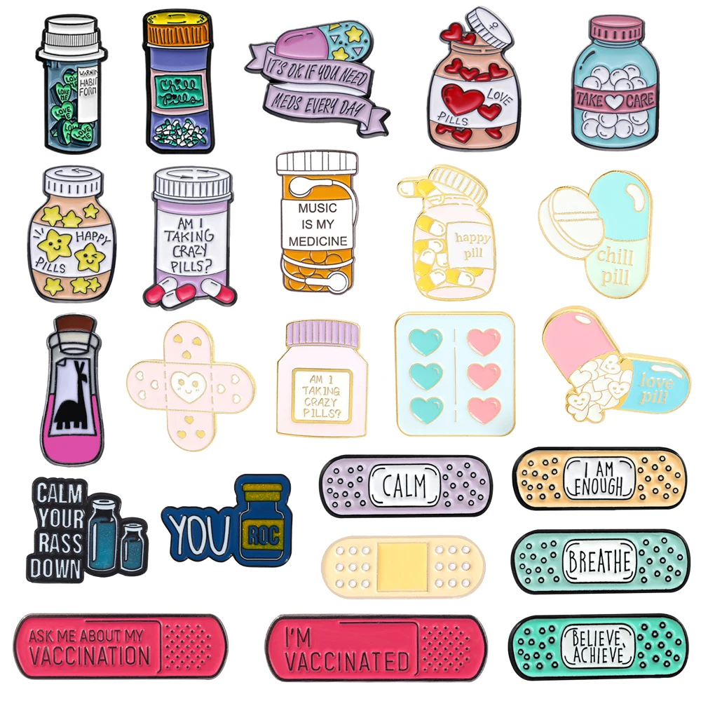 Cute Pill Enamel Brooch Take Care Happy Music Love Pill Band-Aid Creative Medicine Jar Cartoon Metal Badge Punk Lapel Pins Gift