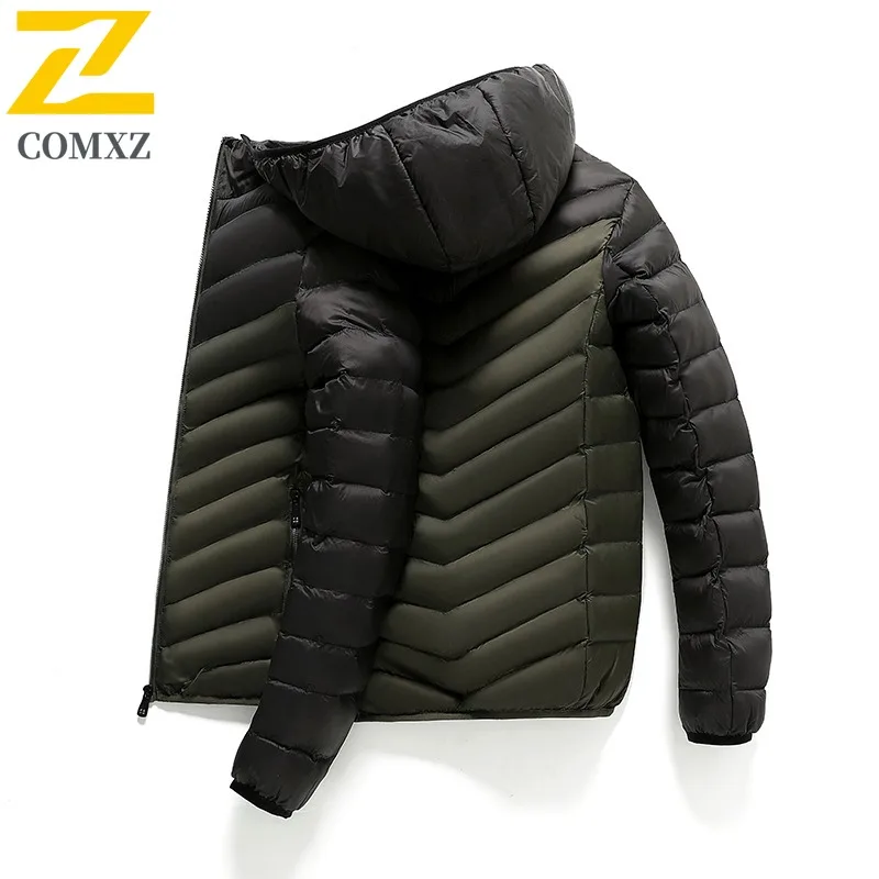 COMXZ Men Down Jacket 2025 Splicing Ultra Light Outdoor Camping Warm Parka Premium Hooded Outdoor Cold Resistant Winter Coat