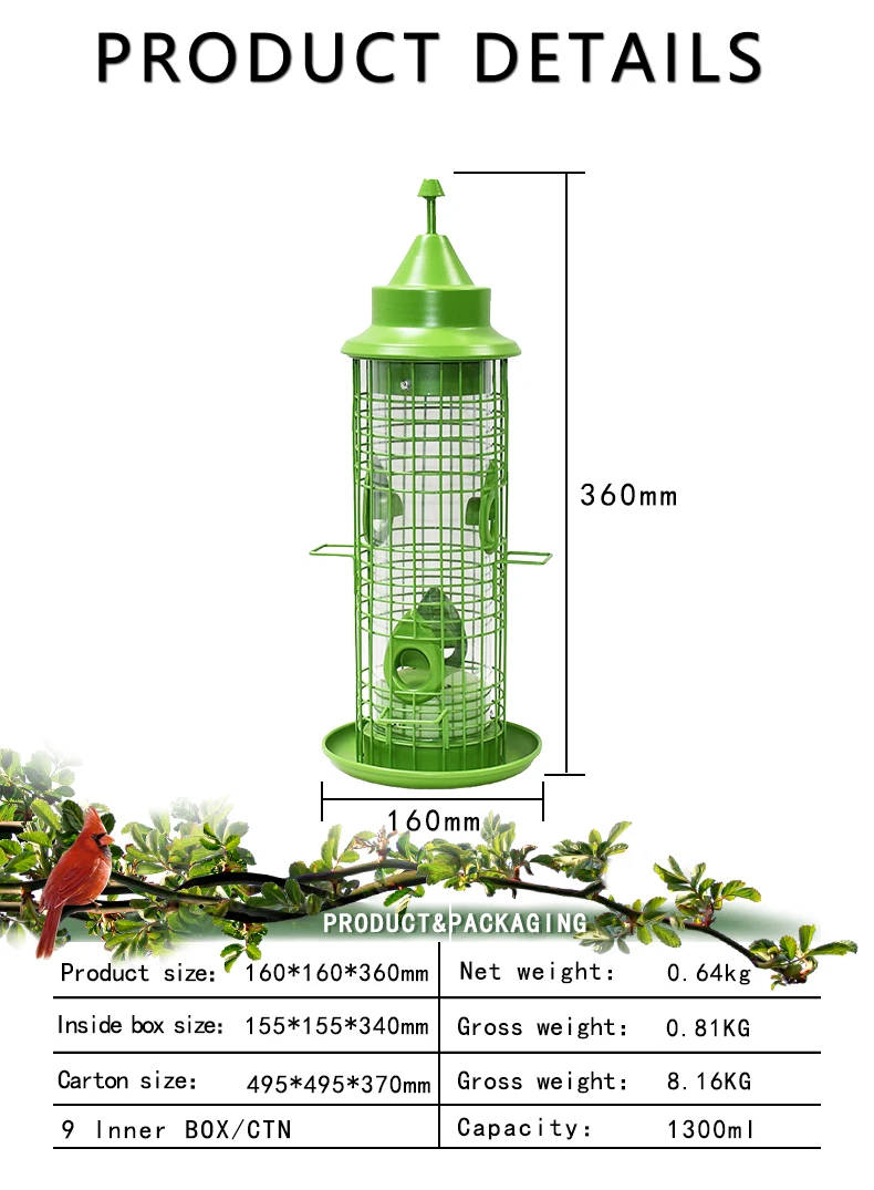 Wire Cage Squirrel Proof Wild Bird Feeder With Four Feeding Ports Outdoor Garden Backyard Hanging Decoration Metal