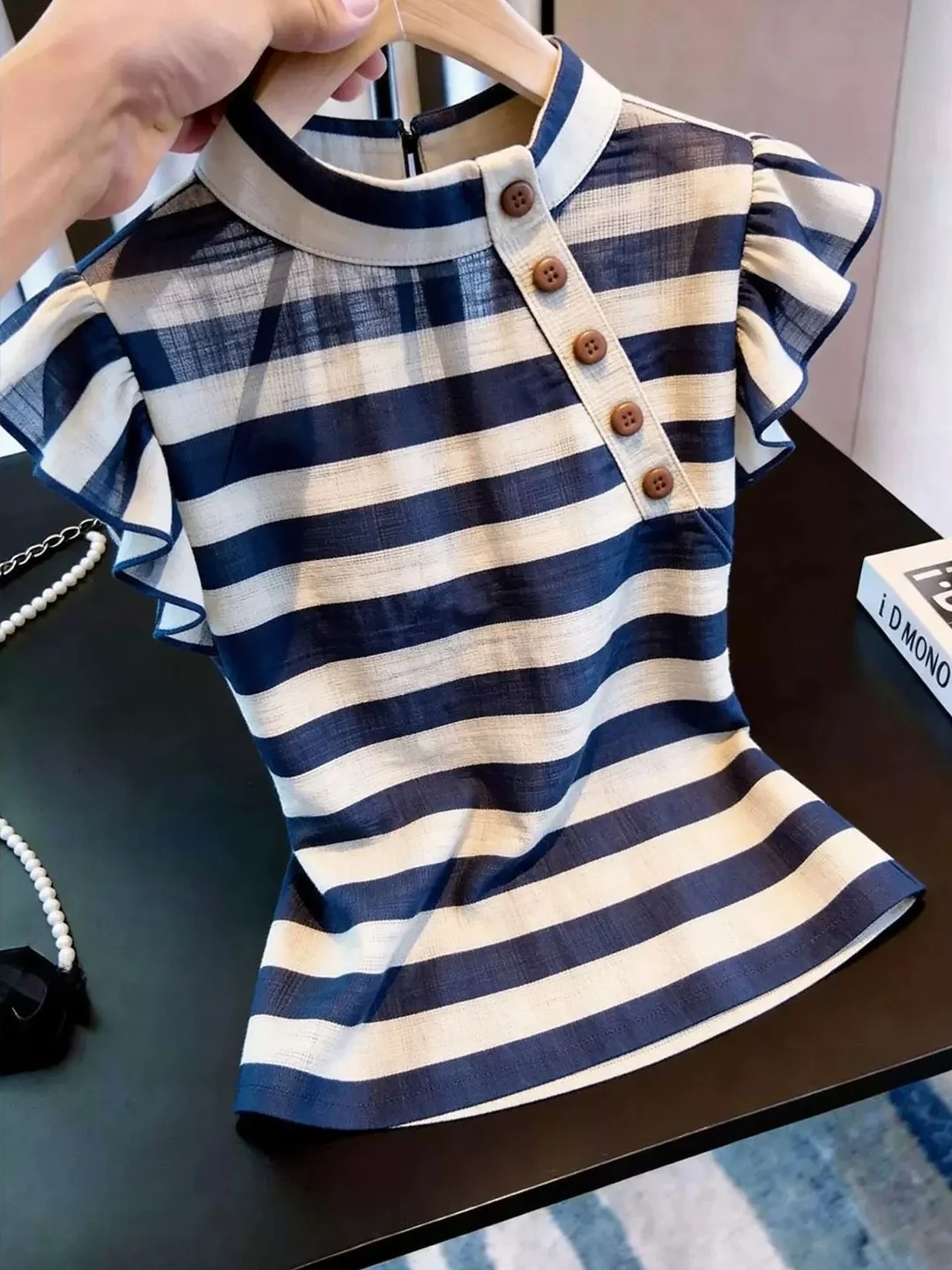 

Summer Commute Versatile Stripe Color Block Fly Sleeve Shirt Korean Style Straight Cut Short Sleeve Women's Silk Top