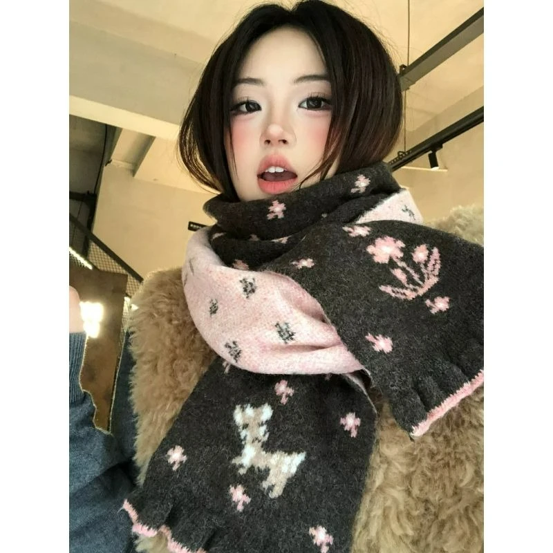 

Двусторонний вязаный шарф с оленем для женщин, зима 2026, новый стиль, модный высококачественный толстый теплый шерстяной шарф для защиты шеи