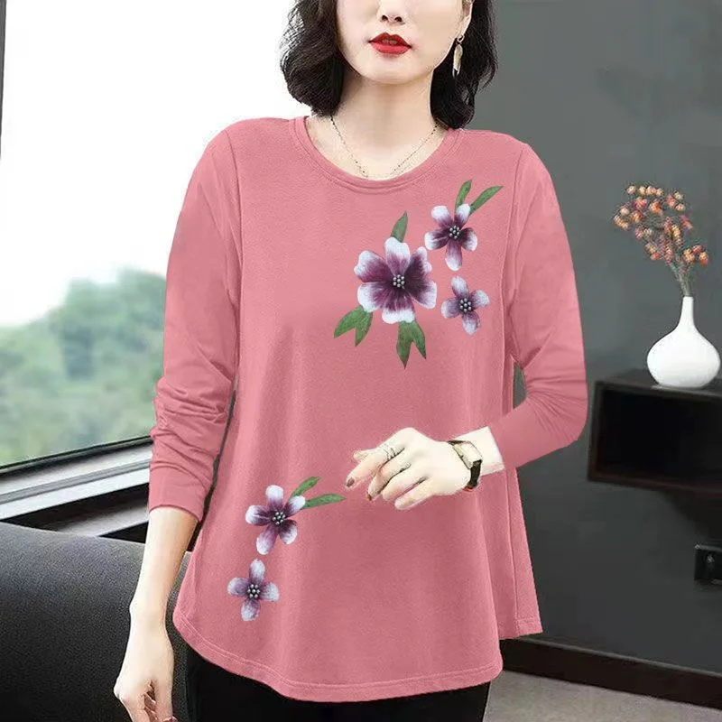 Fashion Women Clothing Casual Oversized T-shirt Spring Autumn Thin Long Sleeve New Tees Versatile Floral Basic Pulover Midi Tops