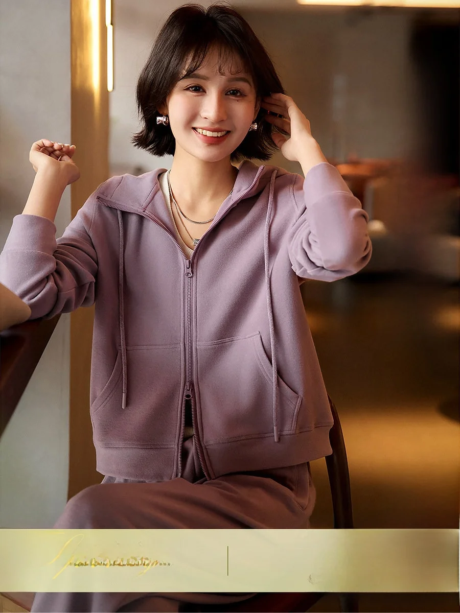

Faionable Silk Wool Blend Hoodie And Wide Leg Pants Set for Women Comfortable Casual Outfit Two Piece Set by Xhange
