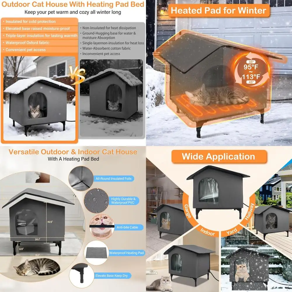 

Утепленный уличный домик для кошек с изолированной лежанкой, приподнятый укрытие для нескольких кошек (серый)