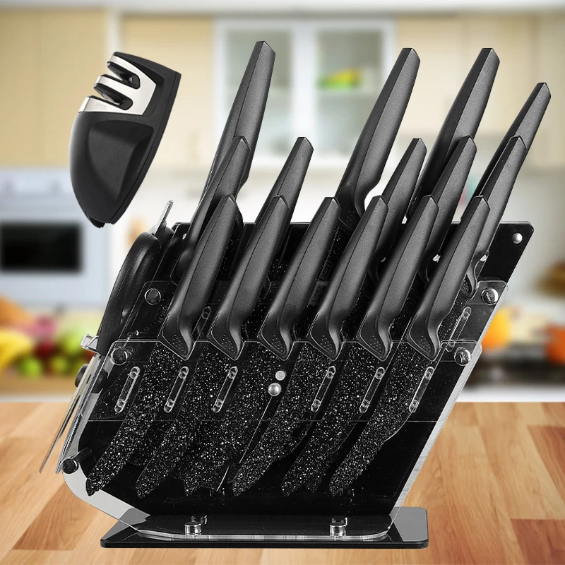 Stainless Steel Kitchen Knives Set 18pcs Household Meat Cleaver Black Blade Chef Knife Vegetable Slicing Knife with Knife Holder