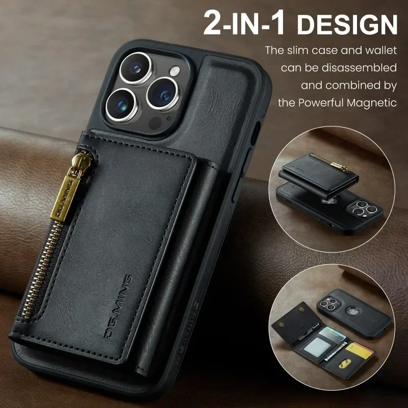 Detachable Magnetic Leather Case for IPhone 16 15 14 13 12 11 Pro Max Plus Zipper Card Slot Wallet Pocket Holder Phone Cover