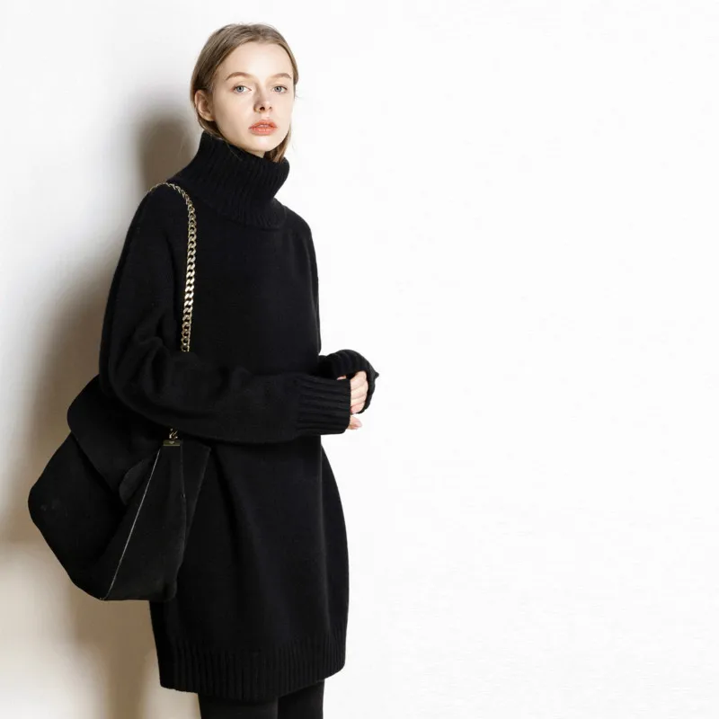 

High-necked heavy thickening 100% pure cashmere sweater women's long sweater loose sweater.