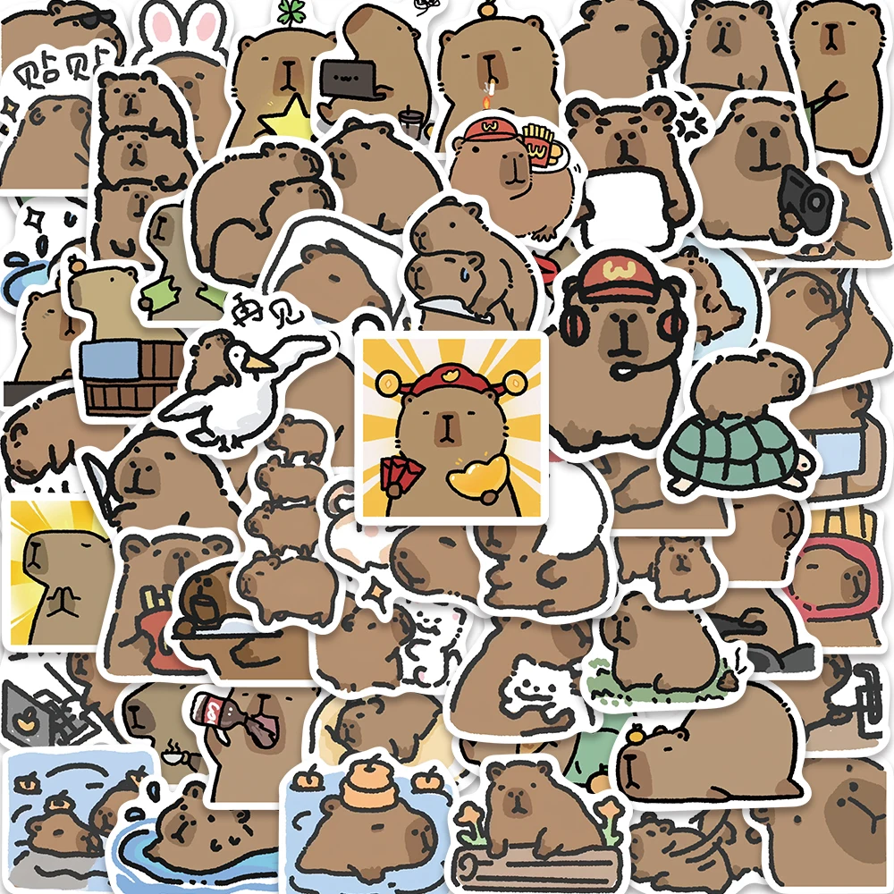 62/100PCS Cartoon Cute Capybara PVC Graffiti Sticker Sticky Aesthetic Decorative Scrapbook DIY Child Phone Stationery Decals