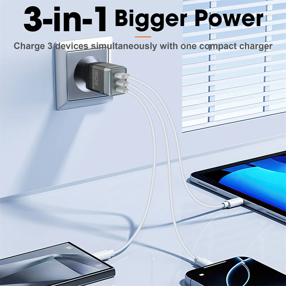 3 in 1 GaN 150W USB C Charger Type C High Speed Charging Adapter PD Super Fast Charger EU/UK/US Travel Wall Charger For iPhone