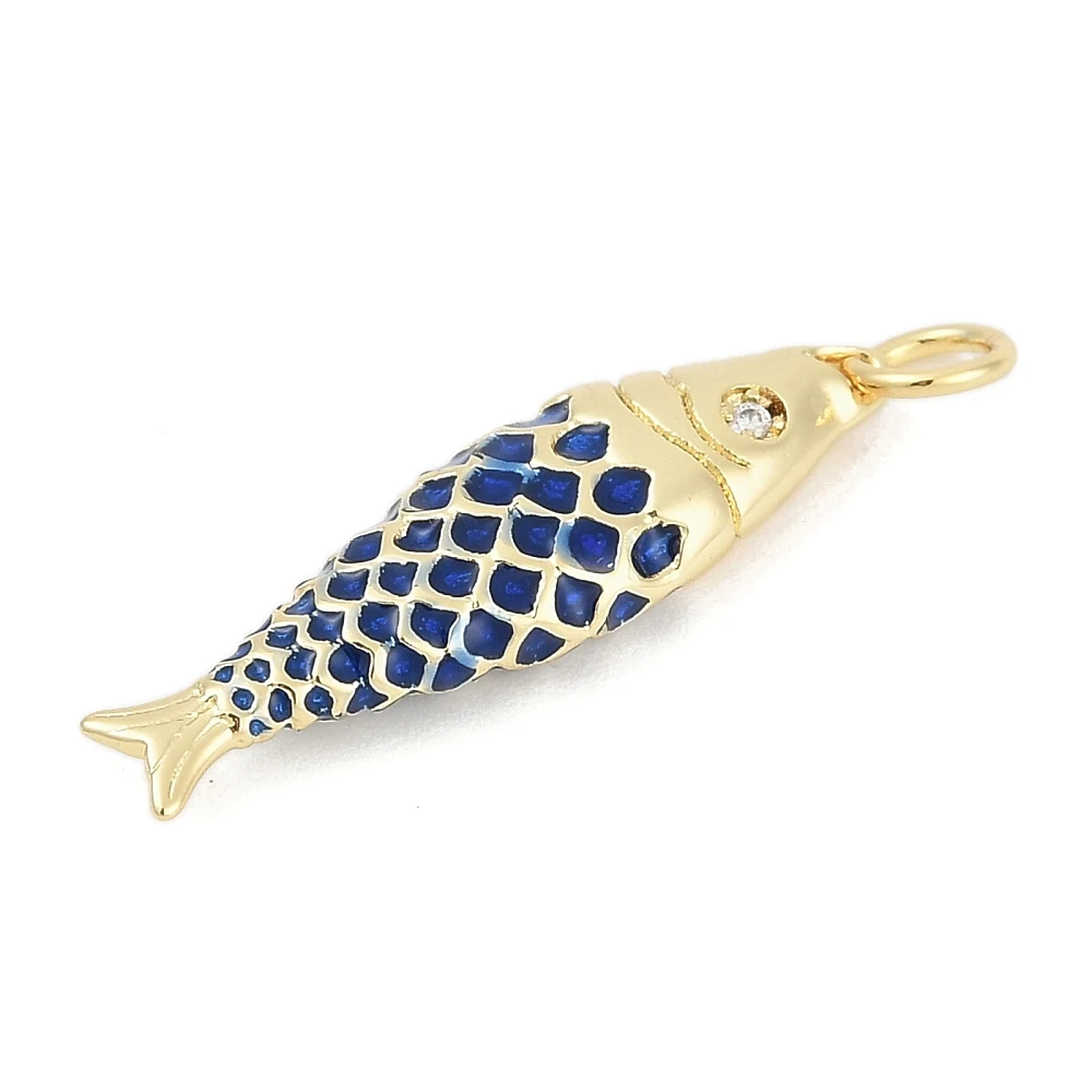 10pcs Brass Fish Charms with Cubic Zirconia, Lead Free Cadmium Free Rack Plated Pendants with Jump Rings for Jewelry Making