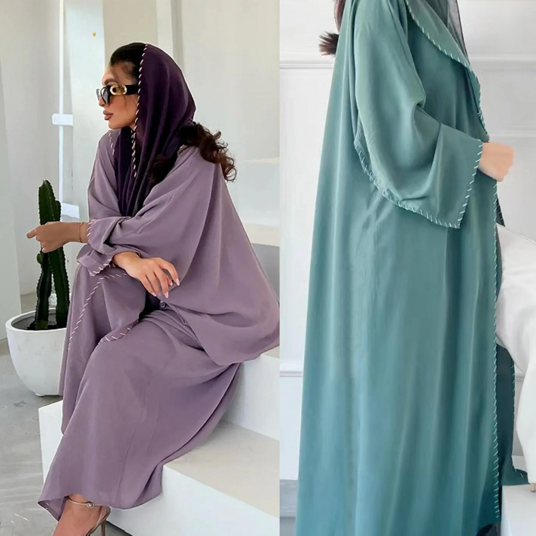

Wholesale Fashion Muslim Abaya Clothes Dubai for Muslims Women Hijab Scarf Robe Set Islamic Fashion Open on The Front Dress