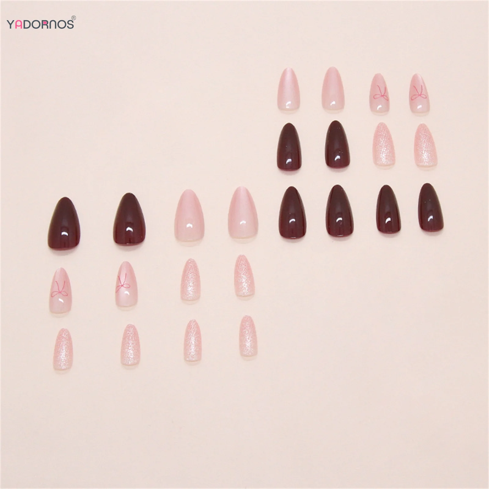 24 قطعة اللوز الأحمر الأظافر وهمية لامعة الوردي عيون القط تصاميم اضغط على الأظافر Bowknot ديكور النساء الفتيات سحر مانيكير رسومات أظافر