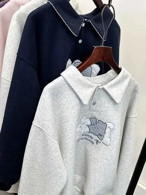 Plus Size Fce Foderato Thiened Lungo Sve Felpa ricamata Vestibilità ampia Autunno Inverno Felpa con cappuccio casual per cani da cartone animato da donna