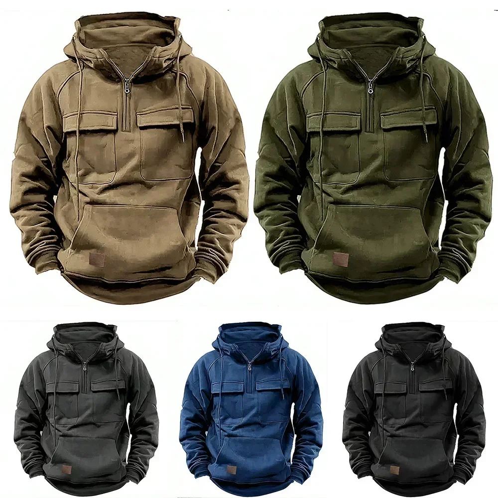 Men's Tactical Hoodies Half Zipper Solid Warm Fleece Military Sweatshirts Multi Pockets Male Hooded Jackets Thick Outdoor Polar