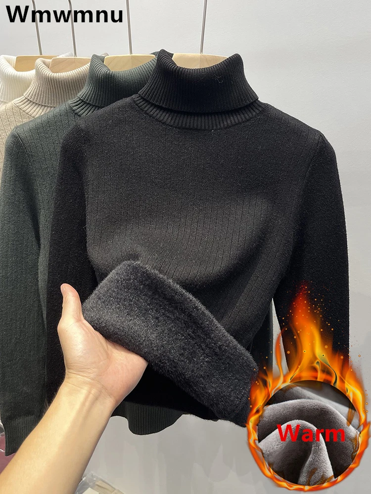 Warm Knit Pullover New Thicken Turtleneck Sweater For Winter Women Casual Slim Plush Lined Soft Long Sleeve Knitwear Jumper Tops