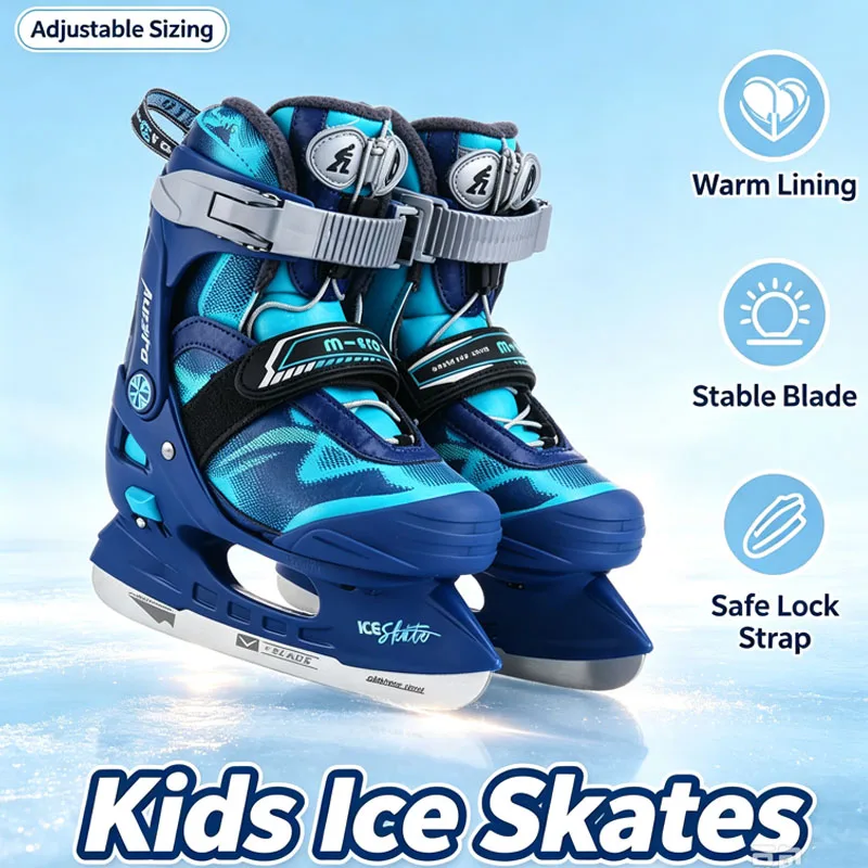 Adjustable Size Children Ice Skates For Boys Stainless Steel Ice Blades Safe Support Warm Ice Skating Boots for Kids Beginners