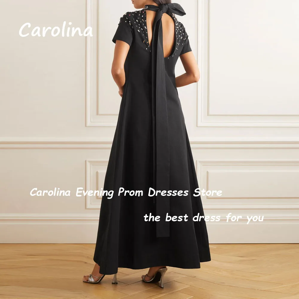 Carolina A-Line Evening Dress High Neck With Short Sleeves Crystal For Ankle Length Formal Occasion Saudi Arabia فساتين سهرة