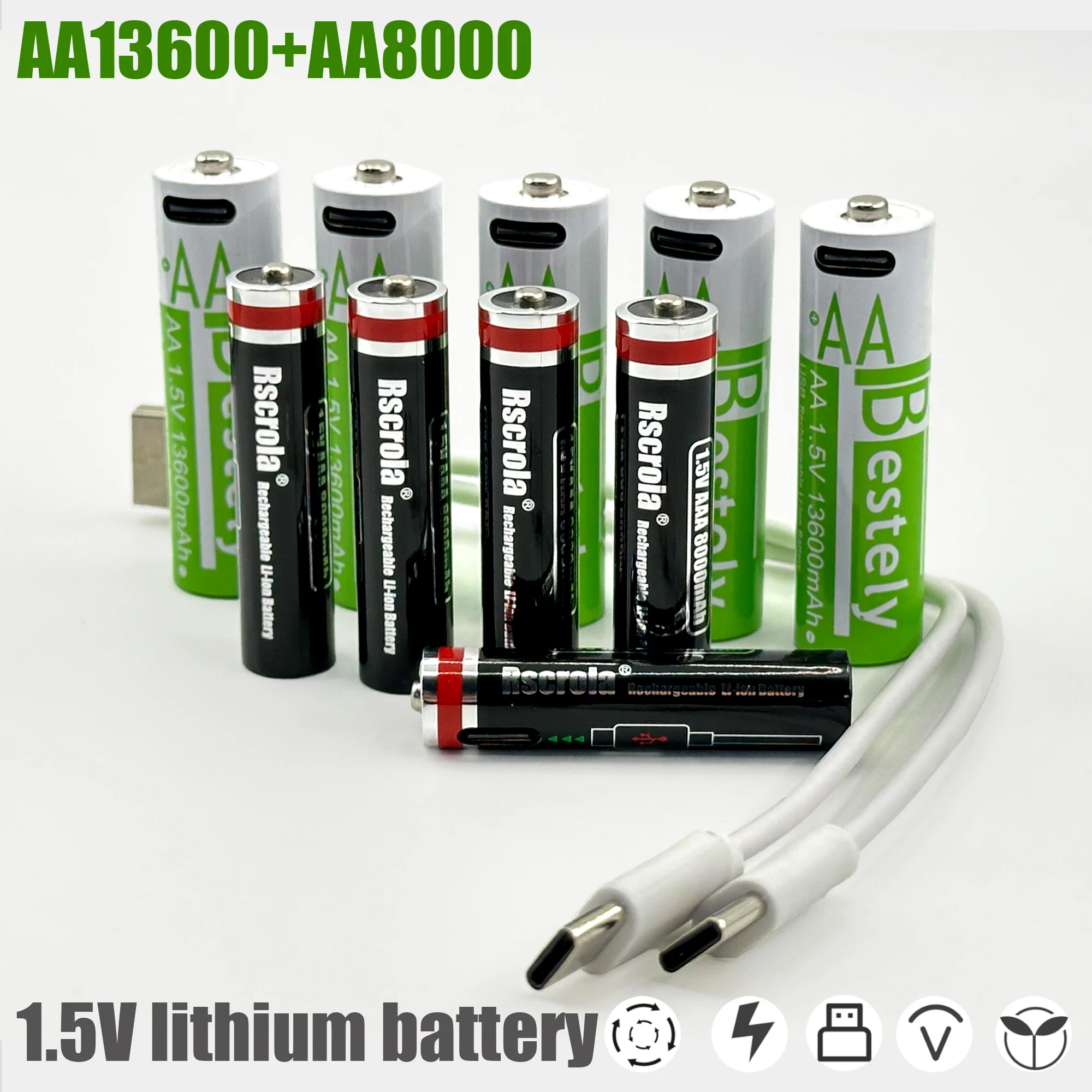 1.5V AA12000mAh+AAA 6800mAh Rechargeable Batteries Lithium-ion 1.5V AA Rechargeable Batteries 1.5V AAA Battery with USB-C Cables