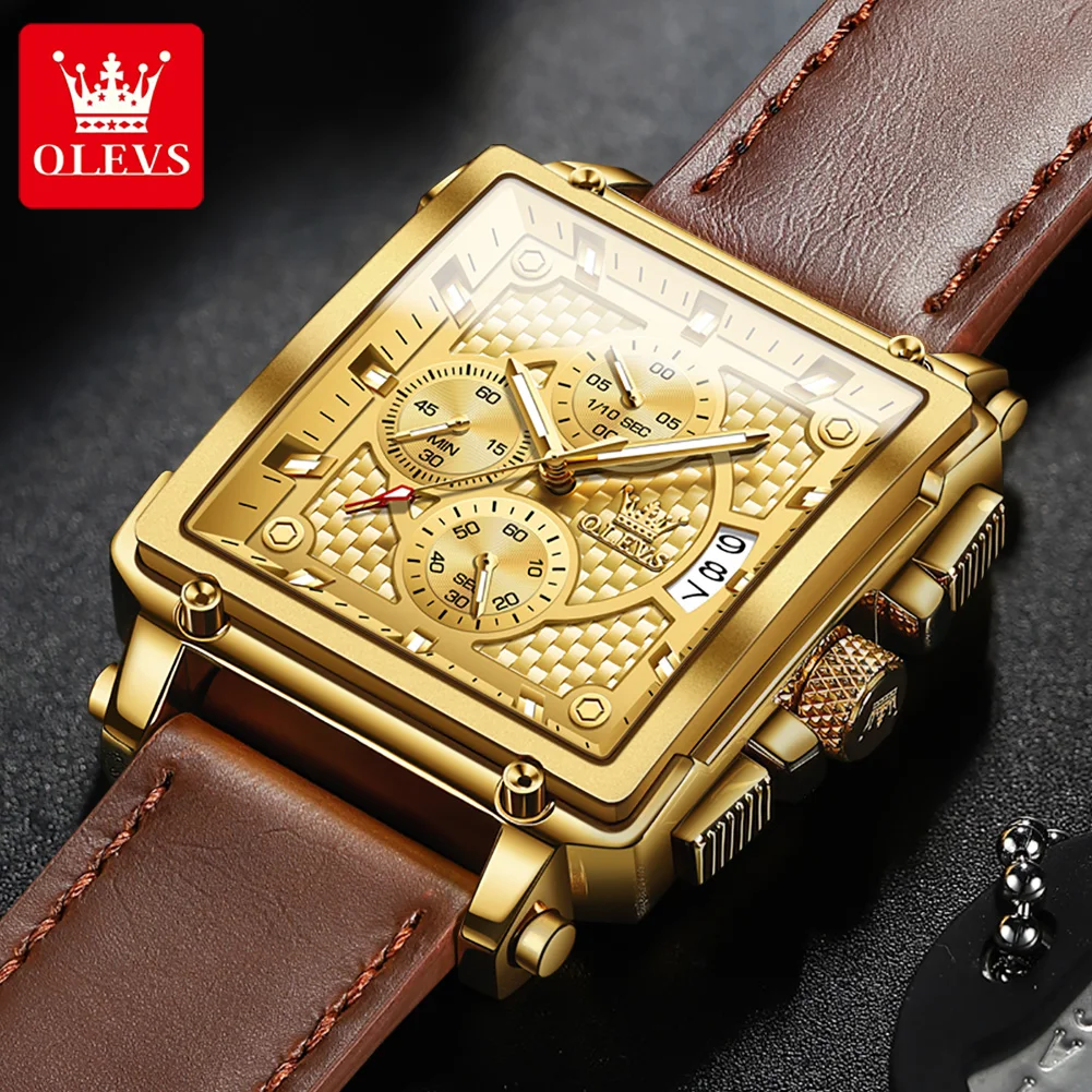 OLEVS-Montre à Quartz de Luxe pour Homme, Grand Cadran, Chronographe, Étanche, Marque Supérieure, Montre-Bracelet en Cuir, dehors, Mode 9925, 45mm