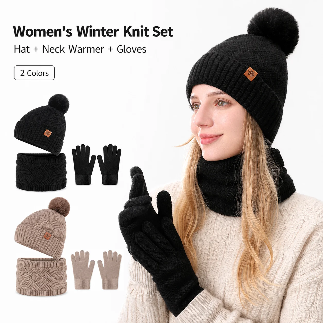 3Pcs Women Winter Beanie Neck Warmer Glove Set Pom Pom Knit Hat Folded Cuff for Outdoor Travel Commuting Black Khaki Accessories