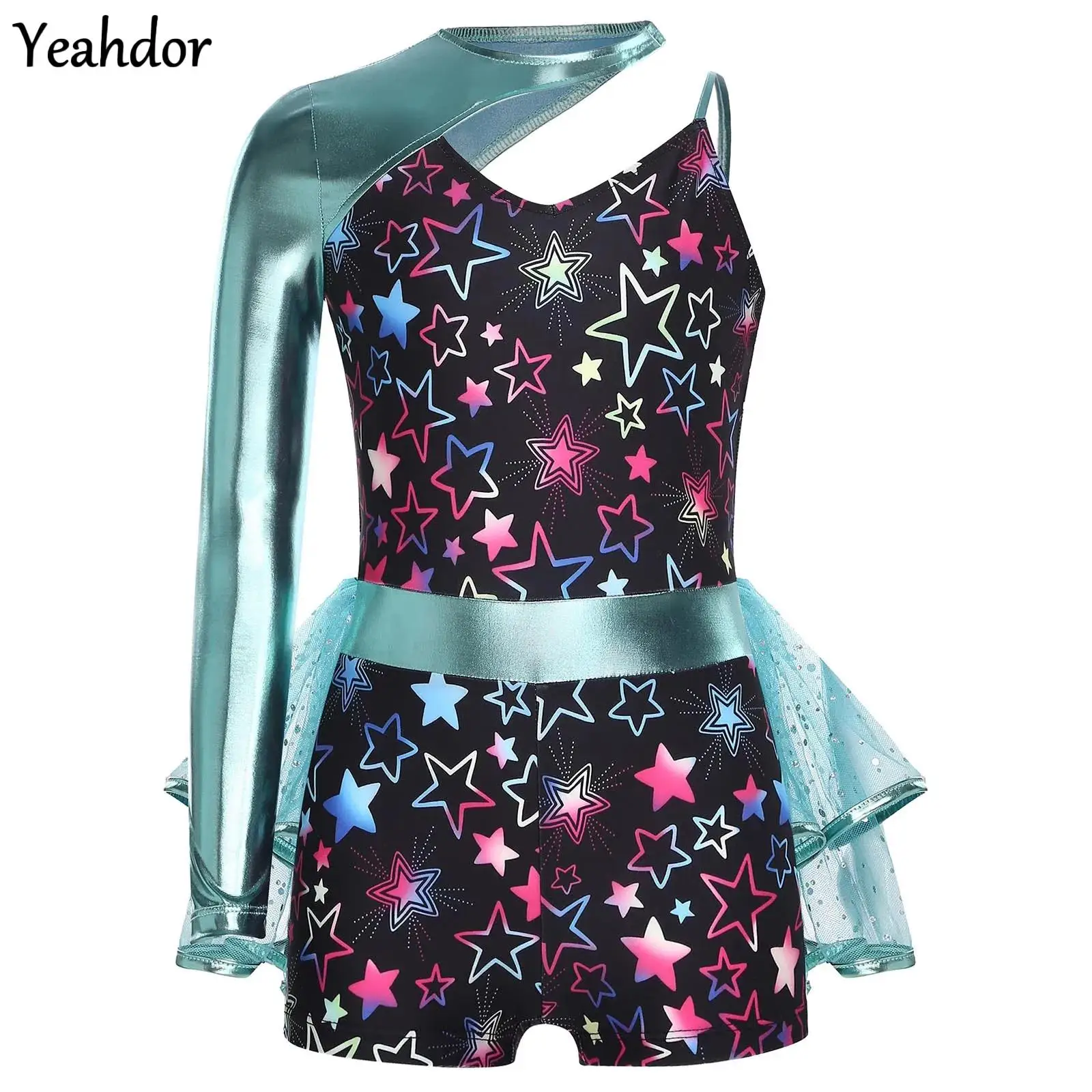 

Kids Girls Ballet Dance Leotard One Shoulder Single Long Sleeve Sequin Mesh Athletic Bodysuit Gymnastic Skating Workout Jumpsuit