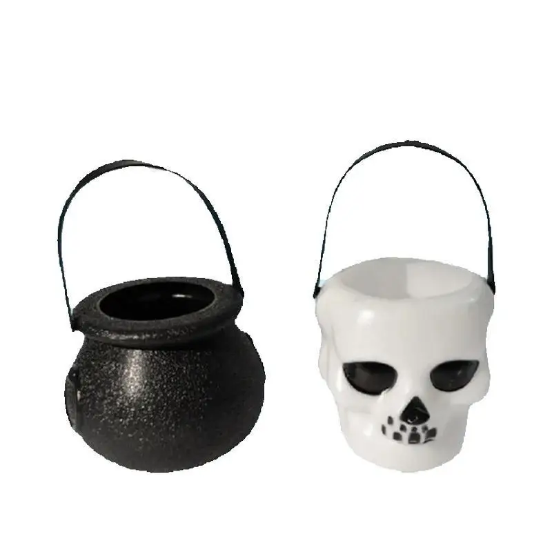 Halloween Skull Witch Cauldron Candy Jar Plastic Hanging Decor Party Candy Storage Bucket Prop Creative Ornament Supplies