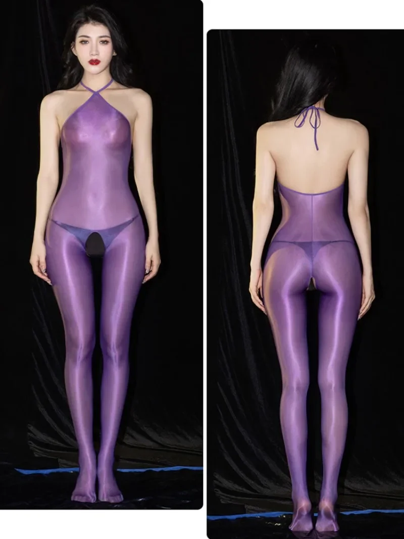 Women Candy Color Oil Shiny Sheer See Through Bandage Bodysuit Hollow Out Sexy Tights One Pieces Thong Leotard Backless