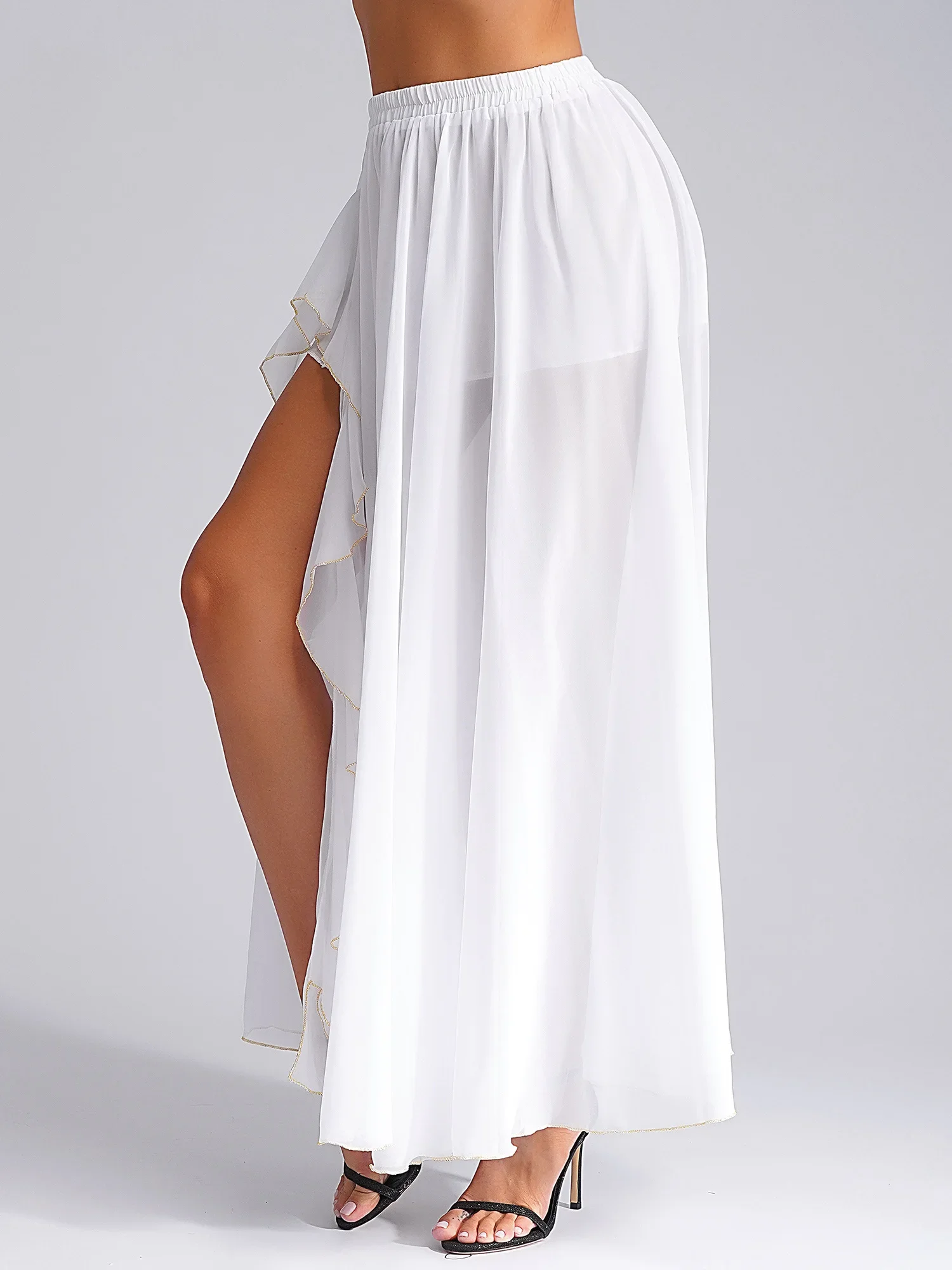 여성 플로우 벨리댄스 스커트 플리츠 쉬폰 맥시 사이드 슬릿 팬츠 스커트 캐스케이딩 러플 사이드 슬릿 스윙 스커트 댄스 의상