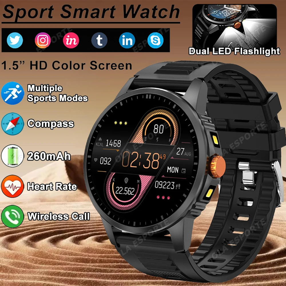 

Светодиодный фонарик Смарт-часы 1,5-дюймовый AMOLED-экран Спорт на открытом воздухе Смарт-часы Компас Несколько спортивных мониторингов здоровья Часы с вызовом BT