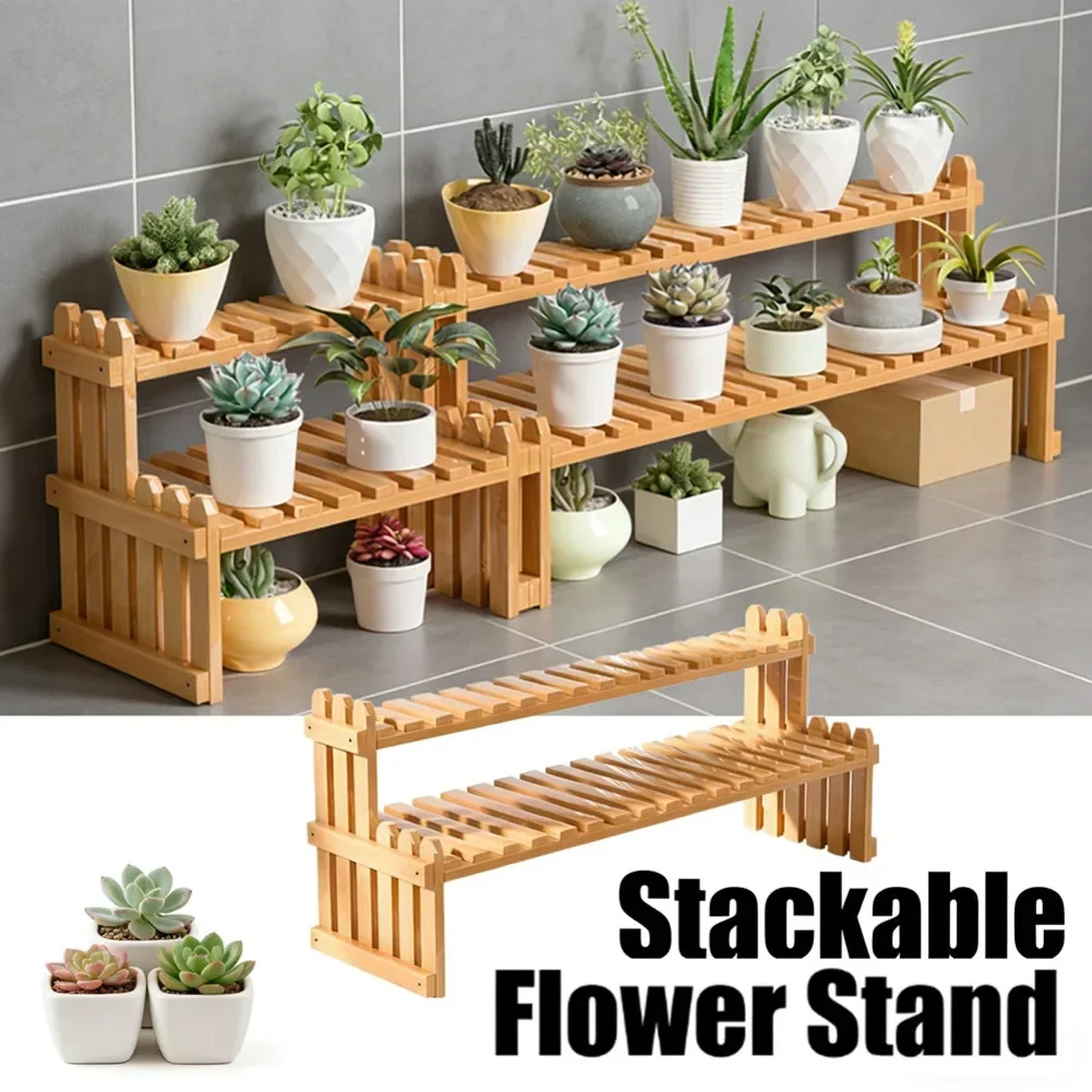 1pc 2 Tiers Plant Stand Shelf Space-Saving Desktop Flower Pot Holder Multi-Purpose Home Garden Wood Shelf Display Storage Rack