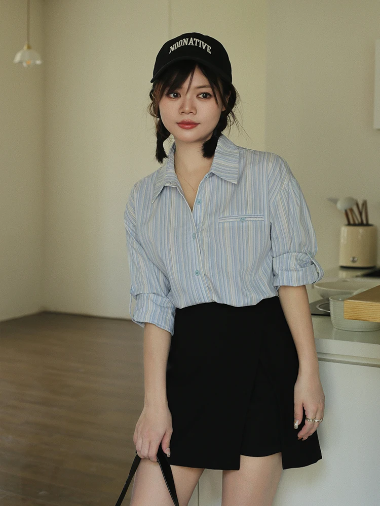 

Длинный све в синюю полоску, свободный женский корейский топ для поездок на работу, весна-осень, маленький размер S294, смесь хлопка и полиэстера