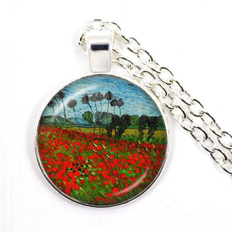 Fashion Van Gogh Art Starry Night Sunflower Necklace 25mm Glass Cabochon Dome Pendant Jewelry For Women Girls Gift