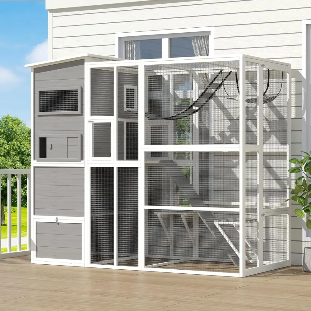 

4-Level Outdoor Cat Playground with Wooden House, Window Connection, 4 Platforms, 4 Resting Areas & Bridge for Multiple Cats - G