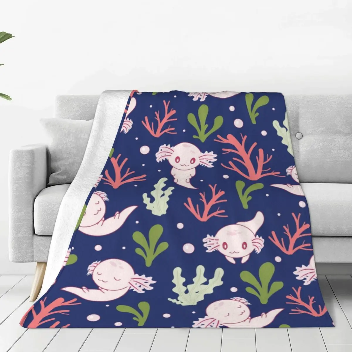 Cute Axolotl Blanket Fish Aquatic Animal Flannel Novelty Warm Throw Blankets for Chair Covering Sofa Summer