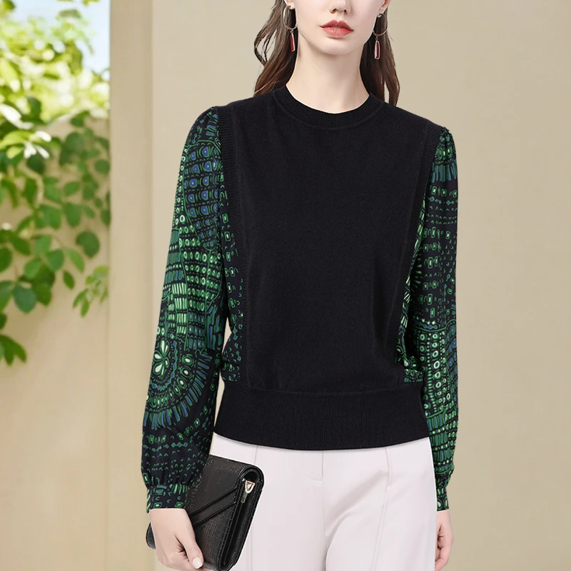 

Женский повседневный вязаный и шифоновый топ с длинными рукавами, свободный крой, утягивающий дизайн, пуловер с круглым вырезом на весну/лето 2023