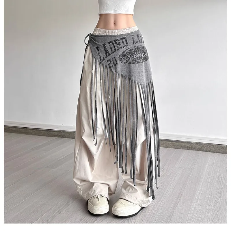 

Vintage Distressed Letters Print Sexy A-line Skirt Women 2025 Summer New High Waist Lace-up All Match Tassel Gray Skirt