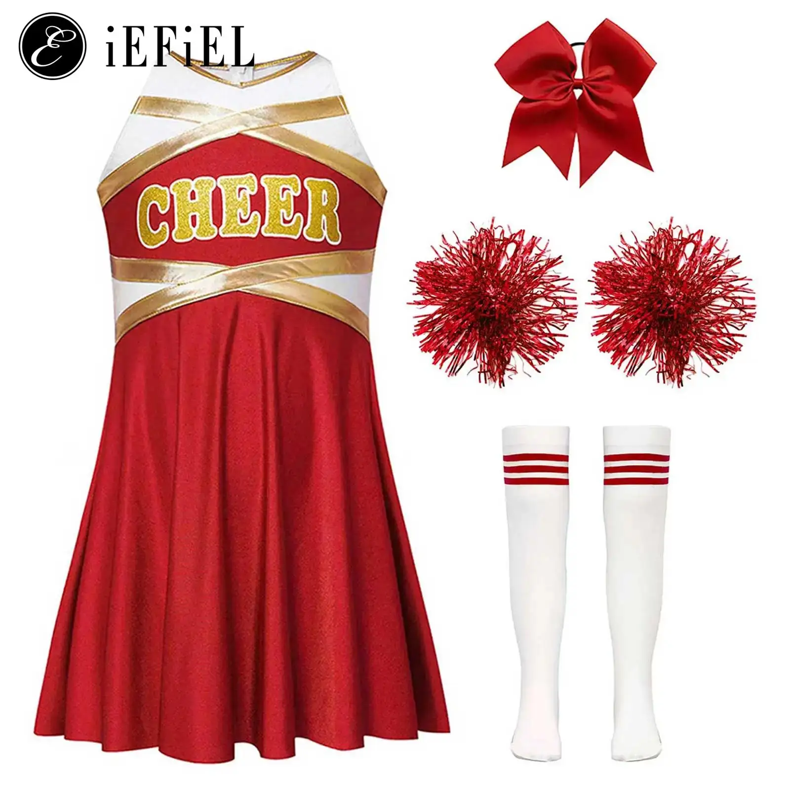 

Girls Cheer Leader Costume School Musical Show Dress-up Sleeveless Cheer Dance Dress with Pompom Socks for Halloween Cosplay