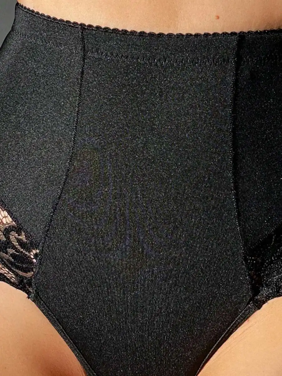 Womens Black High Waisted Lace Trim Shapewear Shorts With Slight Stretch