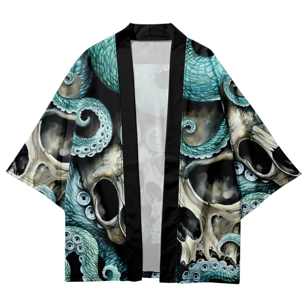 Difilfish Monstro do Mar Crânio Impresso Cardigã Samurai Quimono Feminino Haori Yukata Roupas Tradicionais Japonesas