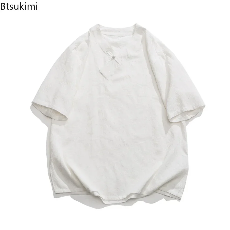 

New Traditional Chinese Hanfu Tops Men's Loose Casual T-shirt Kimono Breathable Retro Cotton Linen Shirt TaiChi Kung Fu Uniform