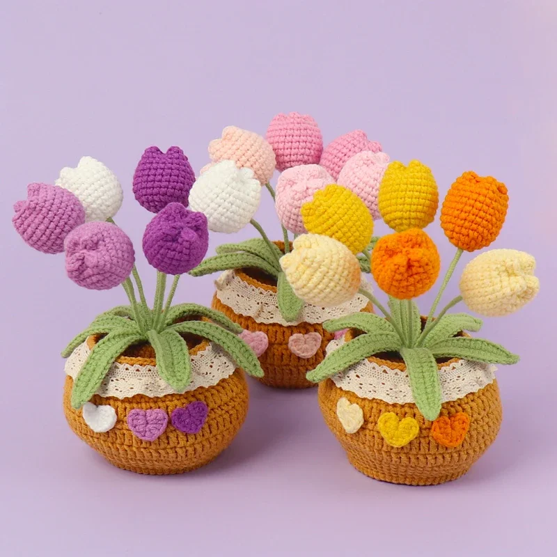 

Crochet Flowers Ornaments Artificial Tulips Handmade Woven Plant Potted Romantic Wedding Guests Gifts Christmas Gifts New Year