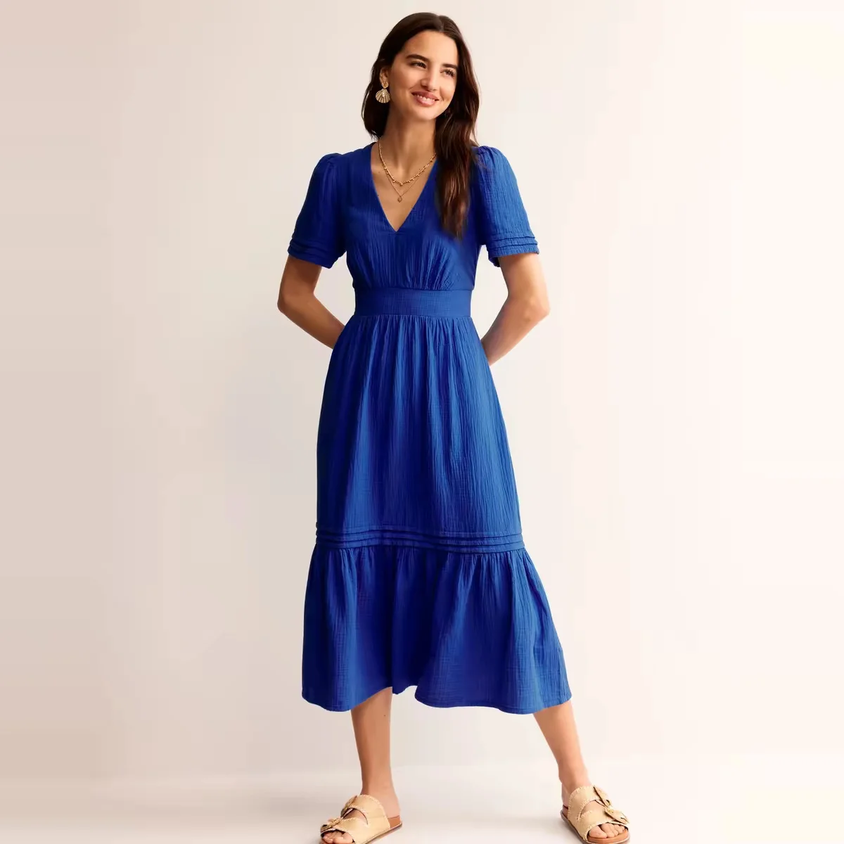 Elegante Vestido Largo Vintage con Cuello en V, Corte en A, para Verano, Playa, Casual, Fiesta, Maxi Vestido de Algodón y Lino para Mujer, Manga Corta, Tallas Grandes