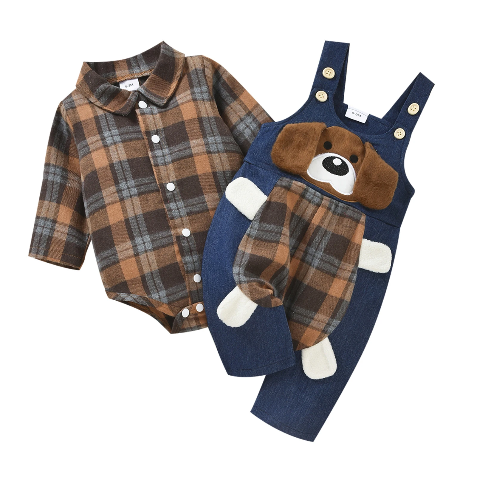 2024 Winter New Baby Boy 2Pcs Outfit Long Sleeve Plaid Romper Cartoon Dog Pattern Long Suspender Pants Overalls for 0-18Months