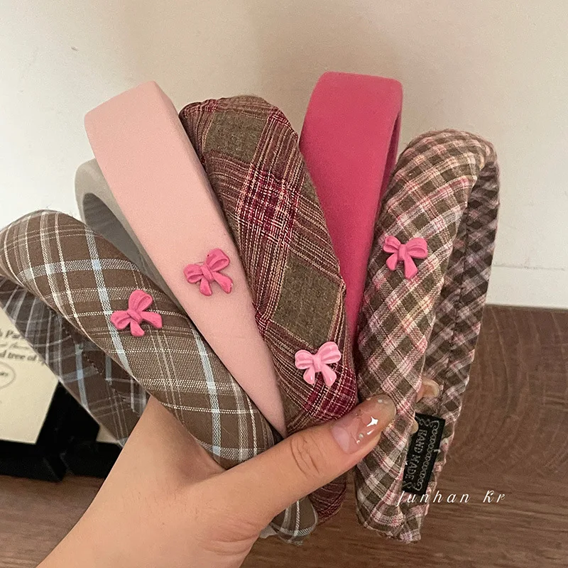 American Bow Headband Pink Sweet Hair hoop Plaid Headband Hair Fixer Hair Accessories for Women