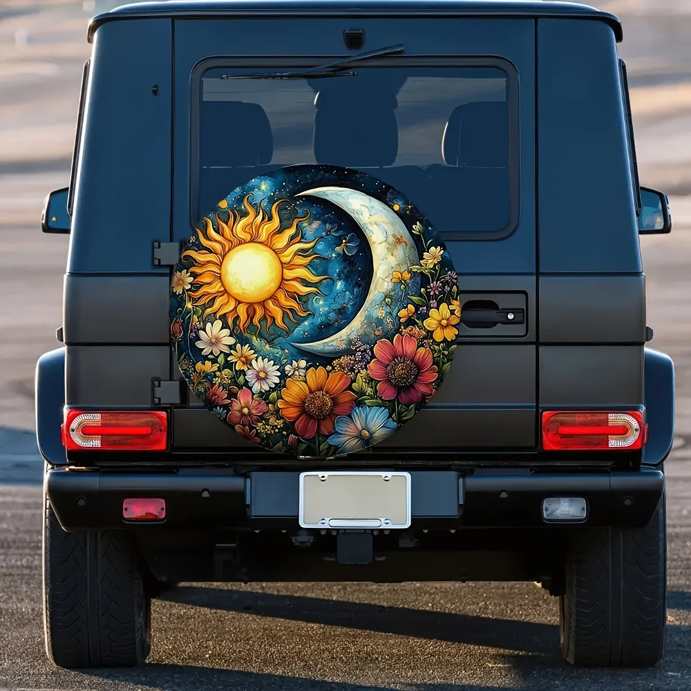 Celestial Sun Moon Flowers Tire Cover Durable Protector Washable RV Spare Tire Cover