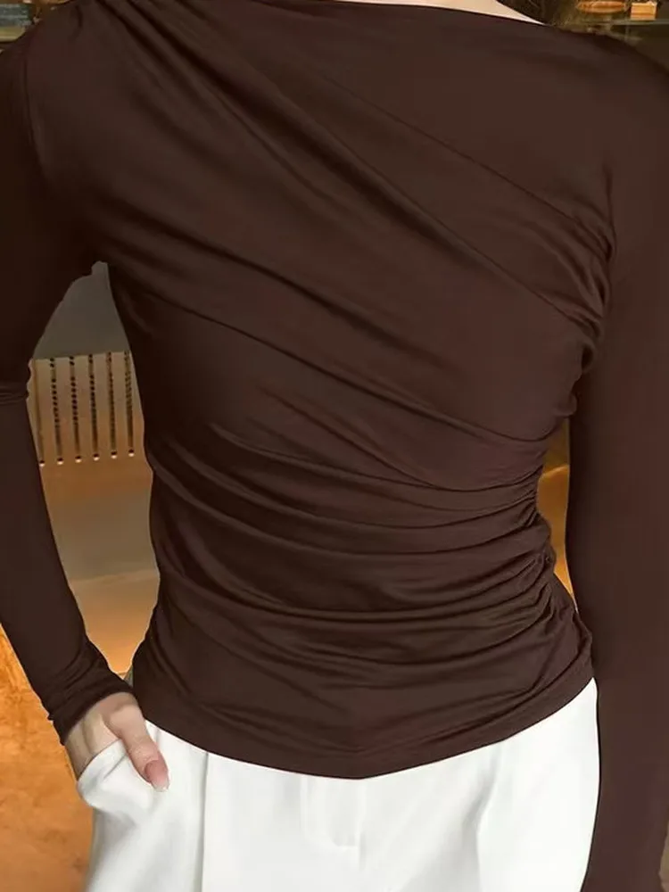 Camiseta larga plisada ajustada Sve Faionable Casual Base irt Top de Color de tela de poliéster de otoño para mujer